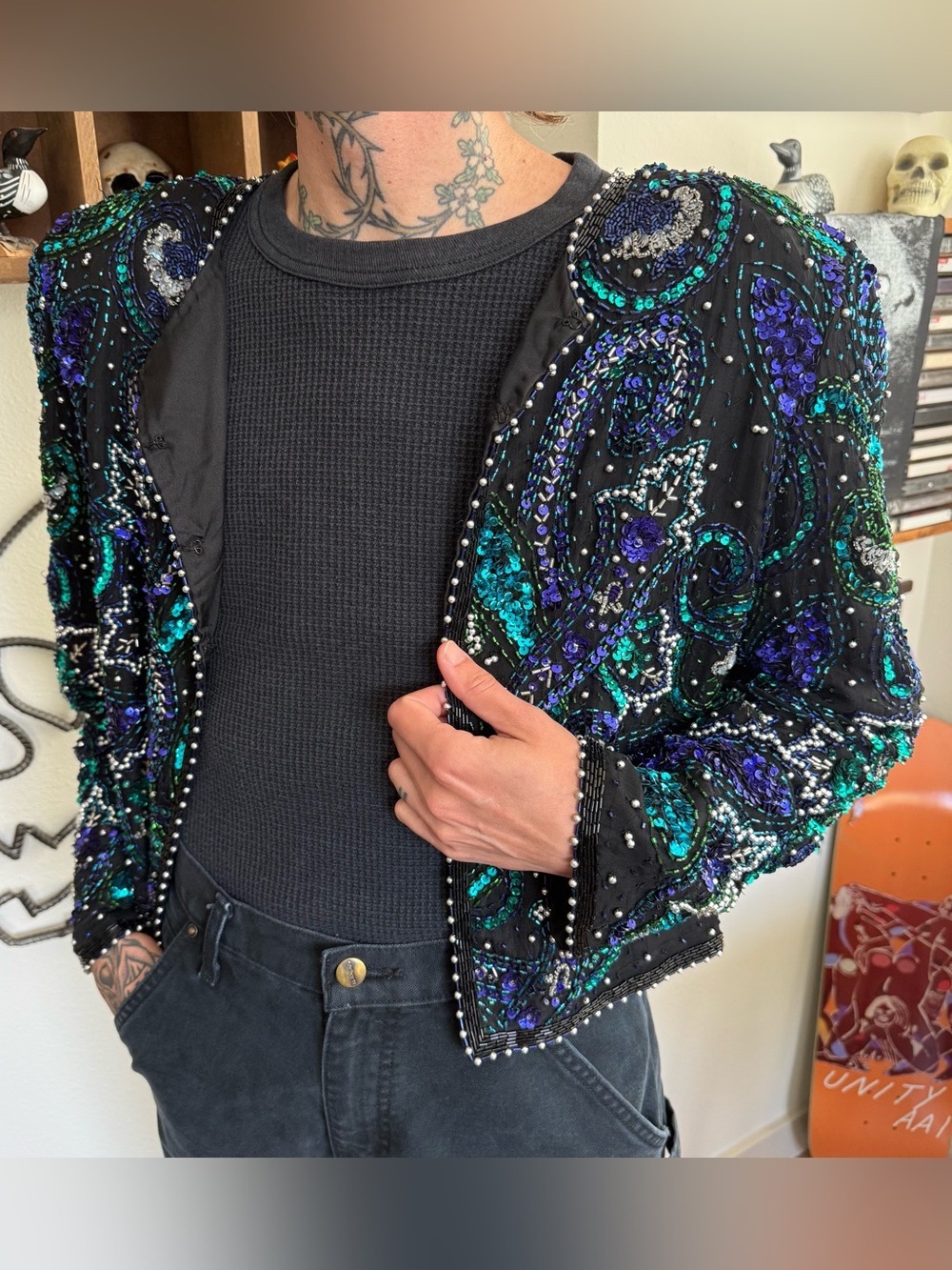 Vintage 80s Deadstock Laurence Kazar Silk Sequin Top ~ Size XL - Picture 4 of 9